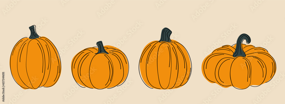 Set of pumpkins of various shapes. Stylized linear style with colorful spots. Modern hand drawn.