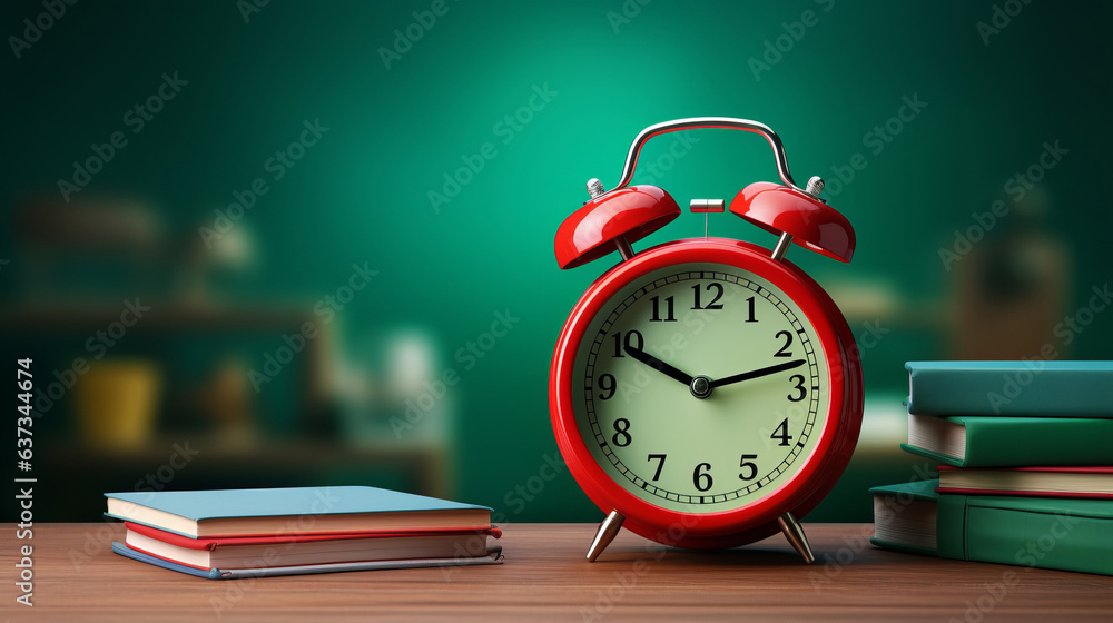 Red clock on desk with books on green copyspace background - obrazy, fototapety, plakaty 