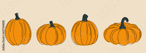 Set of pumpkins of various shapes. Stylized linear style with colorful spots. Modern hand drawn.