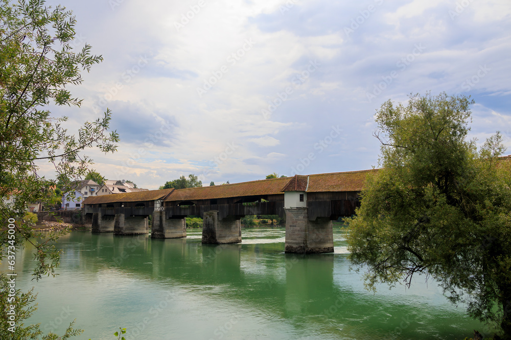 The historic old wooden bridge between Germany and Switzerland over the Rhine at Bad Säckingen