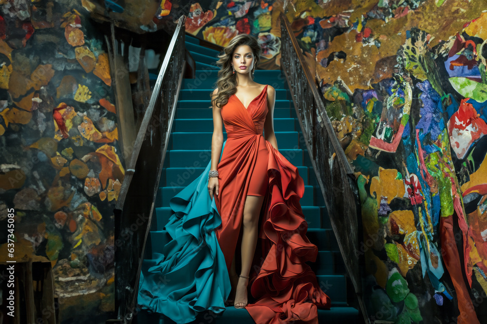 Portrait of beautiful young woman in red evening dress on the stairs. Generated image Portrait of beautiful young woman in red evening dress on the stairs. Generated image