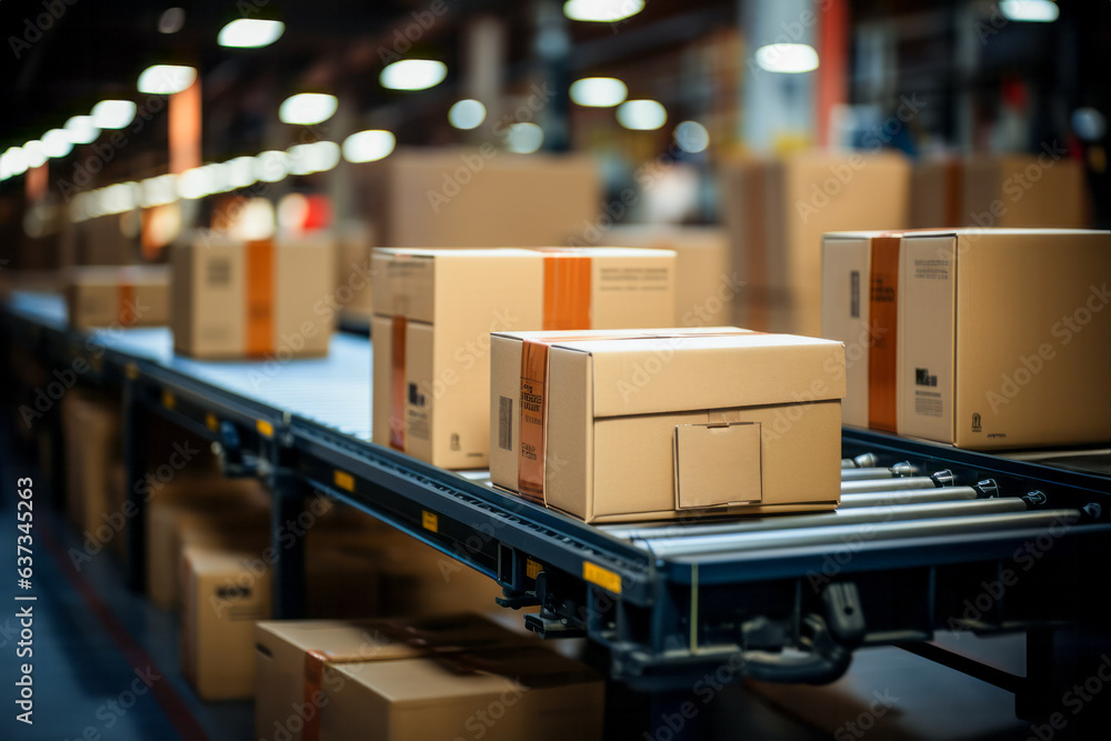 Boxes on the conveyor belt in warehouse. Shallow depth of field. Generated image Boxes on the conveyor belt in warehouse. Shallow depth of field. Generated image