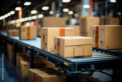 Boxes on the conveyor belt in warehouse. Shallow depth of field. Generated image