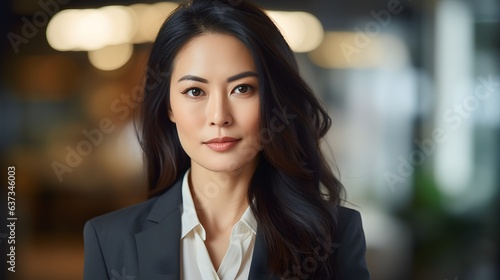 Photo of a confident woman in a professional business suit posing for a corporate portrait