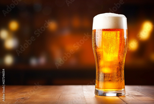 Glass of beer on wooden table. Blurred background with space for text, copyspace, banner.