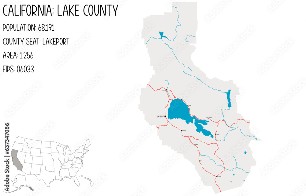 Large and detailed map of Lake County in California, USA.