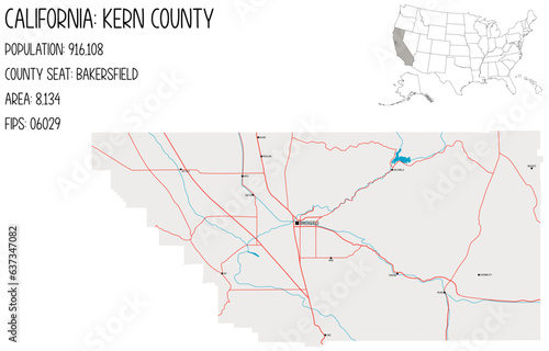 Large and detailed map of Kern County in California, USA.