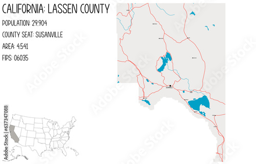 Large and detailed map of Lassen County in California, USA. photo