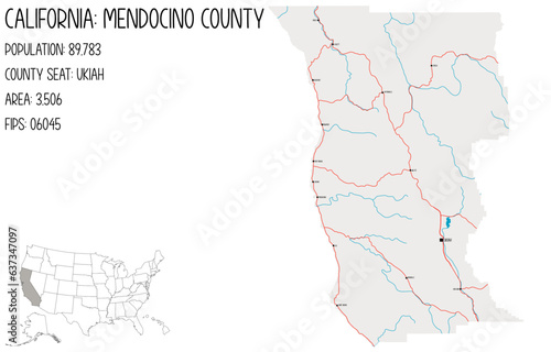 Large and detailed map of Medocino County in California, USA.