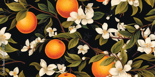 Orange Vintage background, pattern. Vector illustrations of oranges with flowers, leaves for poster, card or textile. Modern seamless pattern. Fashionable template for design or wedding invitations