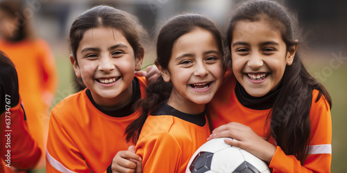 Smiling young girls in football kit holding a ball, enjoying playing soccer with friends