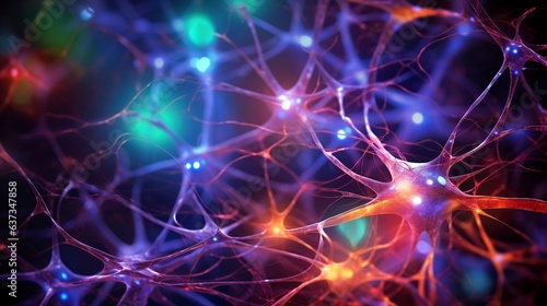 Neuron cells system - colorful 3D rendered image of Neuron cell network, Generative AI