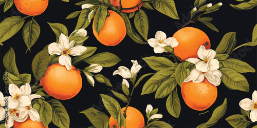 Orange Vintage background, pattern. Vector illustrations of oranges with flowers, leaves for poster, card or textile. Modern seamless pattern. Fashionable template for design or wedding invitations