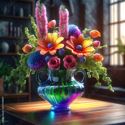 a vase with colorful flowers in it on a table. generative ai
