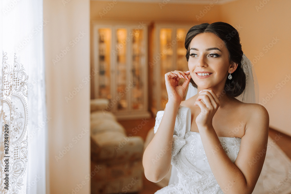Beautiful bride. portrait. wedding makeup hairstyle, gorgeous young woman in white dress at home. series Beautiful bride. portrait. wedding makeup hairstyle, gorgeous young woman in white dress at home. series
