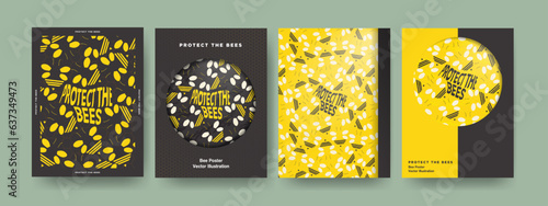 Set of Bee Conservation Posters in yellow and black. Flat Cartoon bee patterns with Protect The Bees Text. Vector Illustration. EPS 10.
