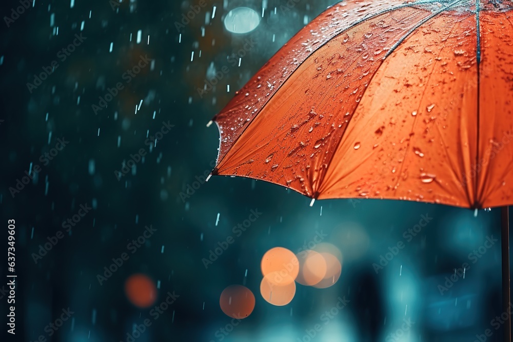 Orange umbrella in the rain. Symbol of rainy day.