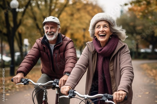 Älteres Ehepaar auf Fahrradtour im Herbst. Glückliches Paar beim Ausflug mit dem Fahrrad. © Marco