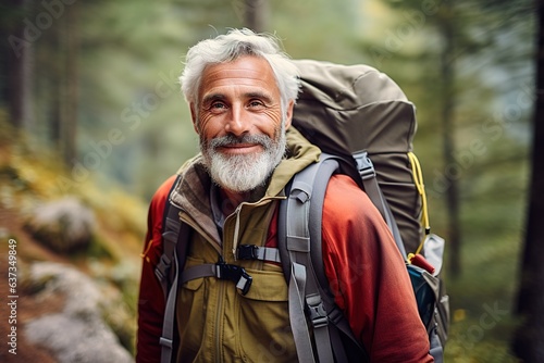 Älterer Mann beim Wandern mit Gepäck. Freude am Bergsteigen - Sport im Alter. Rucksack tragen zur Wanderung.