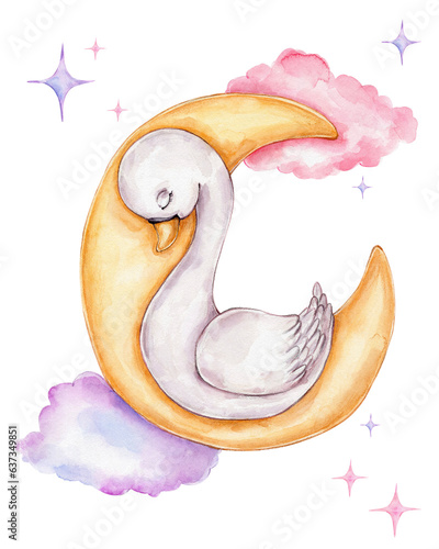 Watercolor swan sleeping on yellow moon; hand drawn illustration photo