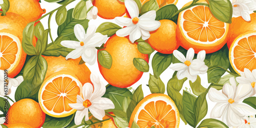 Orange Vintage background, pattern. Vector illustrations of oranges with flowers, leaves for poster, card or textile. Modern seamless pattern. Fashionable template for design or wedding invitations