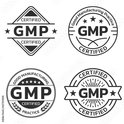 GMP certified icon or label set. Good Manufacturing Practice logo, stamp or seal. High quality symbol. Vector illustration.