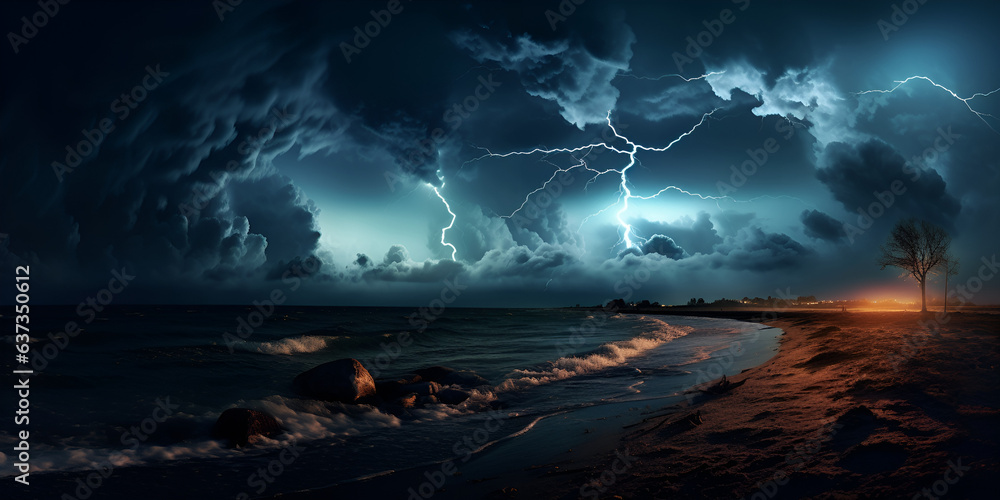 Sea storms white clouds wind waves thunder and lightning, 
A storm over the ocean with a lightning bolt on the horizon,  
Stormy Ocean Stock, generative Ai 
