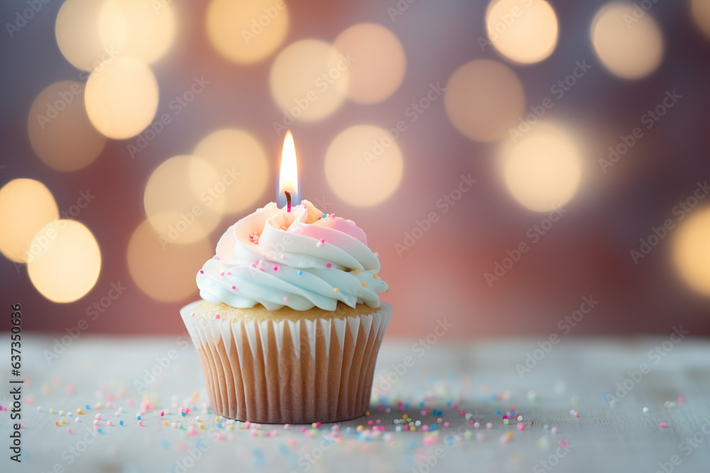 Birthday cupcake with pastel color cream and one burning candle with bokeh in background Birthday cupcake with pastel color cream and one burning candle with bokeh in background