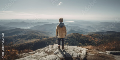 A young boy child looks out over a mountain view with his back to camera, atop a tall high mountain © Nick