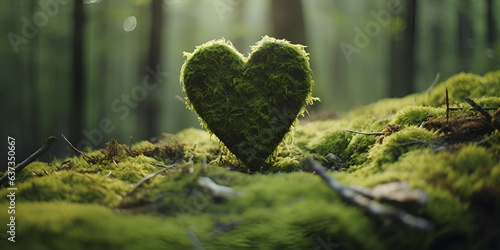 Eternal Green Mossy Heart on Tree Stump . Whimsical Woodland Heart-Shaped Mossy Growth