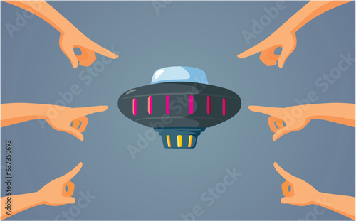 People Pointing to an Alien UFO Spaceship Vector Cartoon illustration. Space invasion of a unknown flying object in the sky
