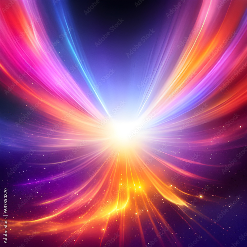 Obraz premium Colourful starburst amongst multicoloured cloudscape. Concept of Cosmic Energy, divine presence, healing and spiritual jorney. Digital illustration. CG Artwork Background