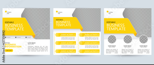 business brochure ad social media post template background with timeline agenda podcast schedule interview conference text and image layout. white yellow vector banner for marketing and advertising