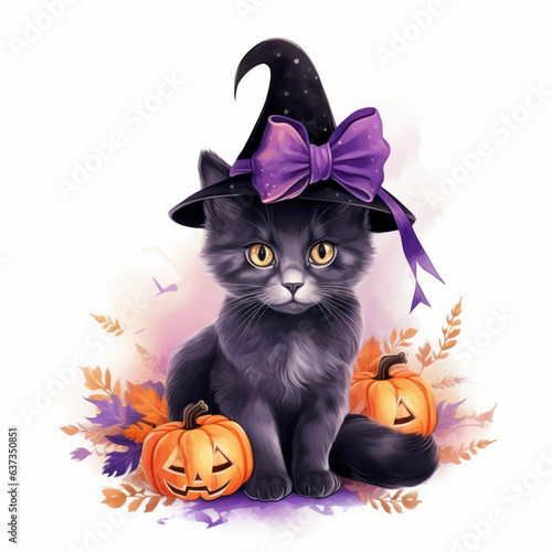 Spooky cat in black hat, watercolor Halloween illustration with pumpkins and autumn leaves. Holiday concept