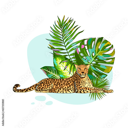 Leopard animal with tropical leaves. A cheetah, jaguar or leopard lies down. Monstera leaves, palm leaves. Exotic animal in the jungle. Cartoon style. Vector illustration.