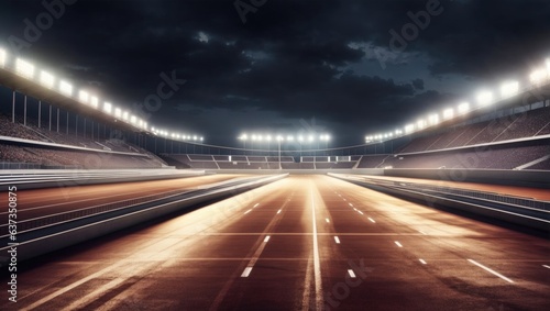 "Spotlight on the Race: Illuminate an empty track, grandstands, and dramatic starting point."