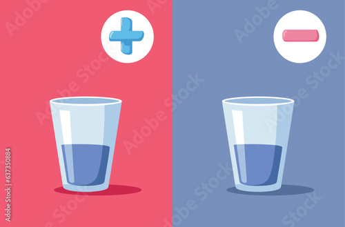 Glass Half Full and Half Empty Illustrating Positive and Negative Thinking. Optimistic and pessimistic attitude duet to different mentality 
