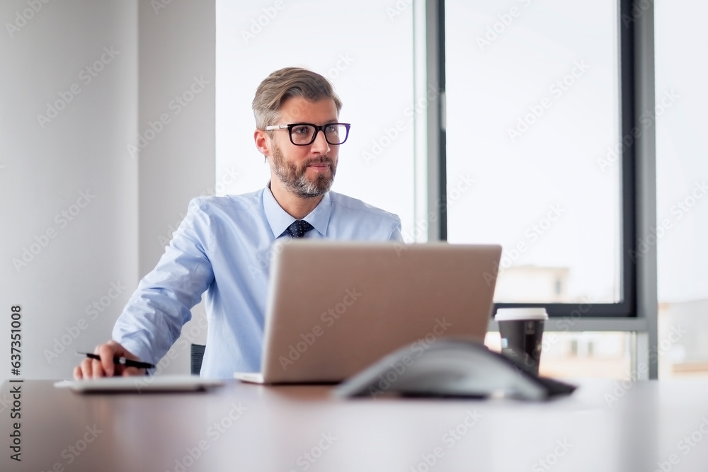 Executive businessman sitting in a modern office and using notebook for work