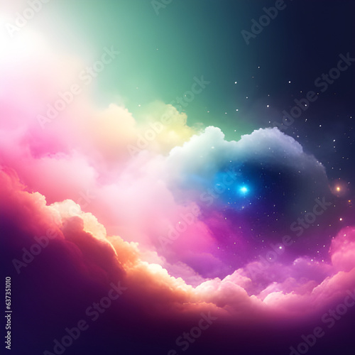 Colourful starburst amongst multicoloured cloudscape. Concept of Cosmic Energy, divine presence, healing and spiritual jorney. Digital illustration. CG Artwork Background