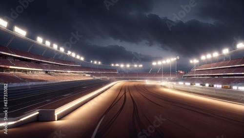  Spotlight on the Race  Illuminate an empty track  grandstands  and dramatic starting point. 