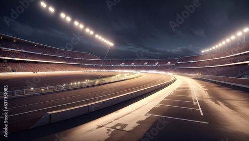 "Spotlight on the Race: Illuminate an empty track, grandstands, and dramatic starting point."