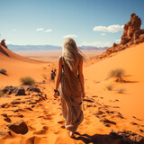 traveler woman, seen from behind walking through the desert sand, overlooking the dunes on a sunny day