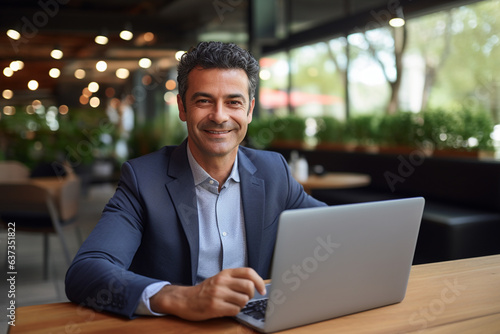 Portrait of a man who works in a modern office with a laptop. © Irina