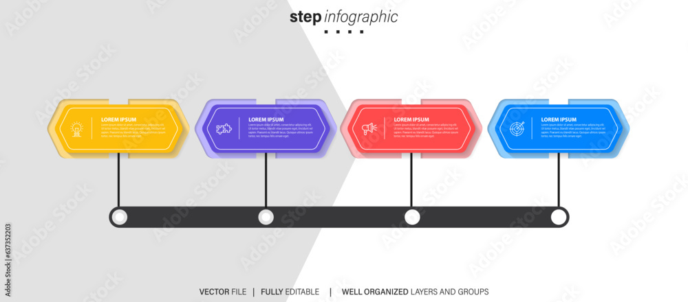 Fototapeta premium Thin line process business infographic with square template. Vector illustration. Process timeline with 4 options, steps or sections. 