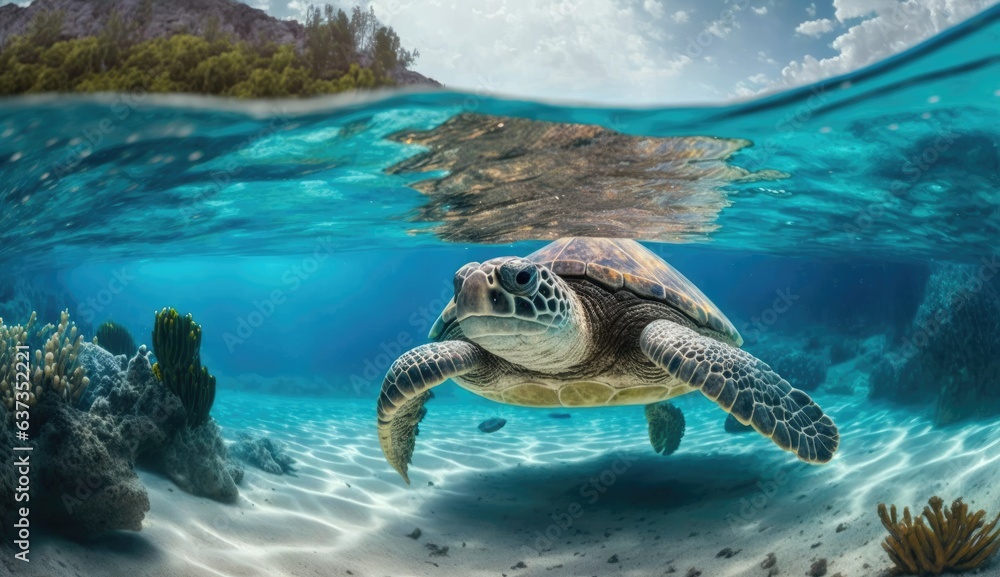 Obraz premium turtle with Colorful tropical fish and animal sea life in the coral reef, animals of the underwater sea world, Generative AI