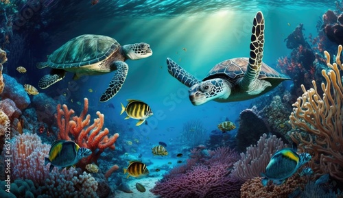 turtle with Colorful tropical fish and animal sea life in the coral reef, animals of the underwater sea world, Generative AI © khwanchai