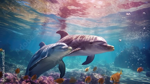 group of dolphins in colorful underwater  AI generative.group of dolphins in colorful underwater  AI generative