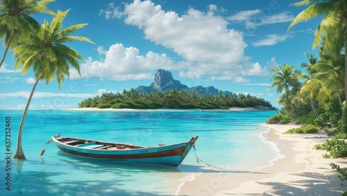 "Tranquil Tropical Paradise: Create an image of a serene summer island scene with a boat anchored in turquoise waters, capturing coastal beauty."