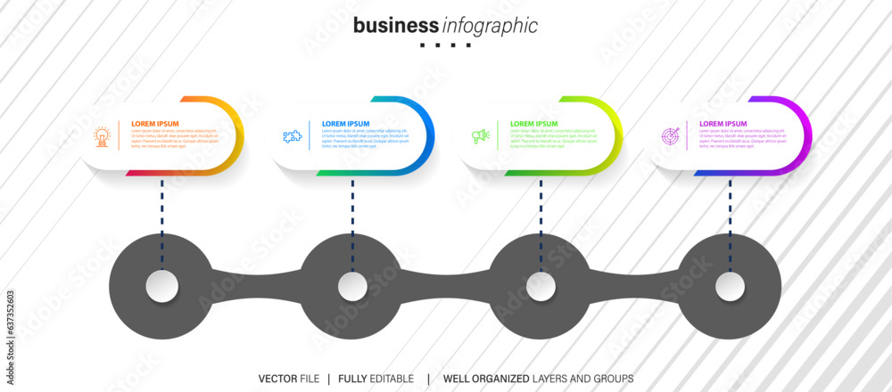 Naklejka premium Infographic template for business. 4 Steps Modern Timeline diagram with road journey concept, presentation vector infographic. 