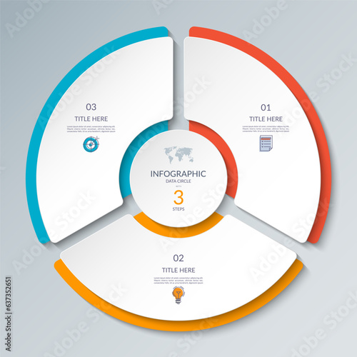 Vector infographic circle. Cycle diagram with 3 steps. Round chart that can be used for report, business analytics, data visualization and presentation.